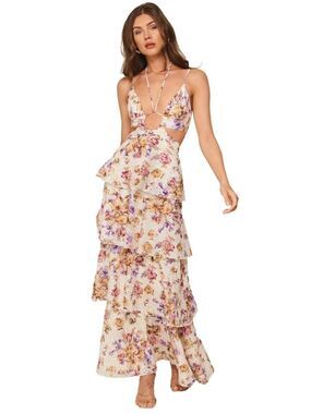 LINE AND DOT FLORET MAXI RUFFLE DRESS